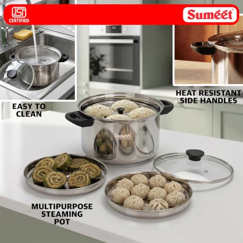 Image of Sumeet ISI Certified Stainless Steel Steamer Pot with Glass Lid, 4 LTR | Induction & Gas Compatible Multipurpose Pot, Includes 4 Idli Plates, 2 Dhokla /Patra, 2 Momo /Modak, Heavy Bottom, Stackable