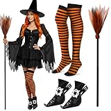 Vicenpal 3 Pcs Halloween Witch Costume Accessories Witch Broom Shoe Covers Socks Broomstick for Women Cosplay Party(Orange)