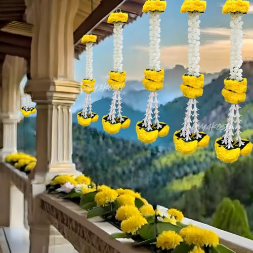 Image of Divyakosh Garlands for Home Decoration, Marigold-Jasmine Hangings (Pack of 10 Pcs, Size 18 Inch Each) | Marigold-Jasmine-Lily-Green Leaves Hangings | Mandir Pooja Room, Wedding Decoration |