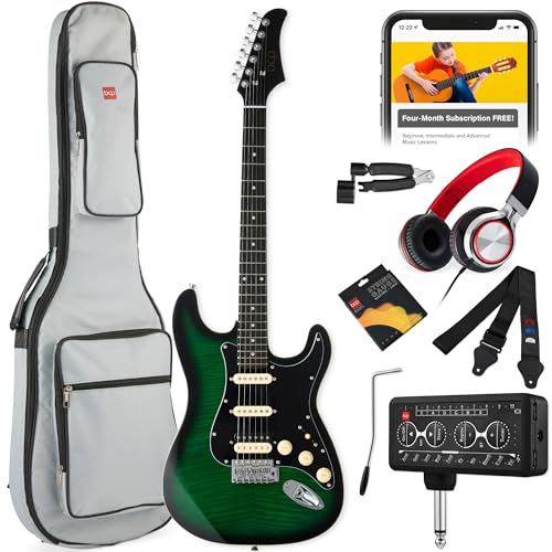 Best Choice Products Beginner HSS Electric Guitar Kit w/Headphone Amp, Padded Gig-Bag, Headphones, Guitar Strap - Green Flametop/Black