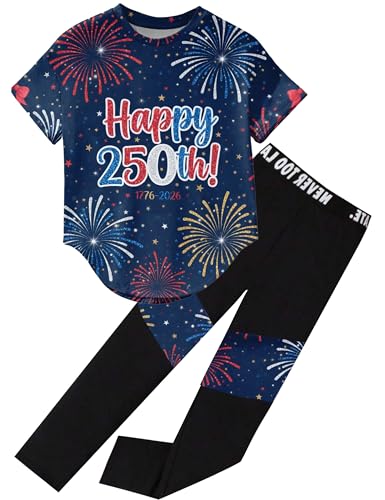 Image of Girls 2 Piece Outfits Kids Clothes Pants Sets Print Short Sleeve Top Leggings Spring Summer Tracksuit 4-13Y