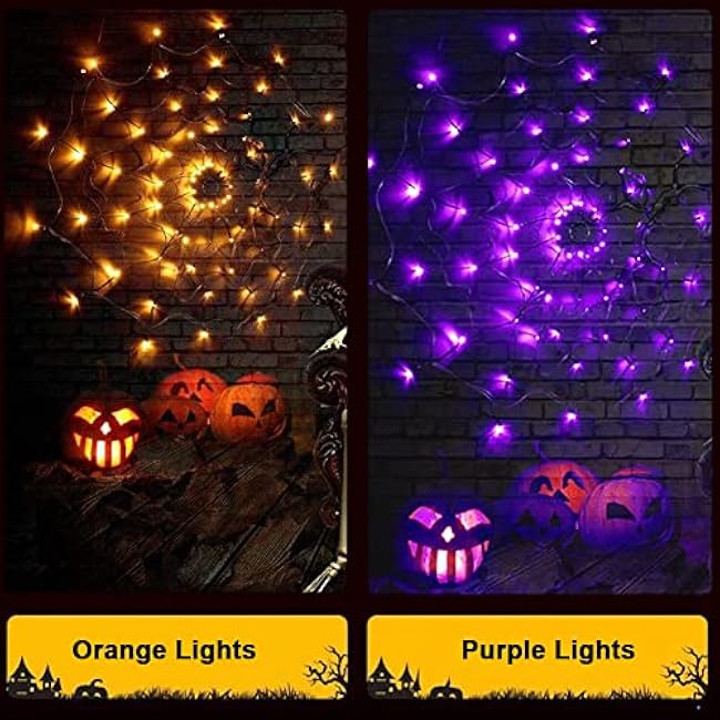 Halloween Decorations Spider Web Lights - 4FT Diameter 70 LEDs with Black Spider, Waterproof Net Lights, Remote Control, 8 Modes Cobweb Halloween Decorations for House Garden Indoor Outdoor (Purple)