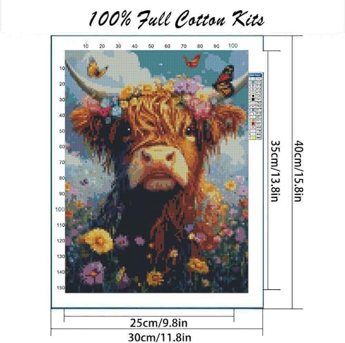 Image of MYBISYMQQ Highland Cow Cross Stitch Kits for Adults Beginners - 11CT Stamped Floral Cow & Butterfly Embroidery Kit, DIY Pre-Printed Needlepoint Patterns for Home Wall Art Decor, 15.7x11.8 Inches