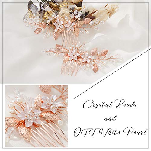 Unicra Flower Bride Wedding Hair Comb Leaf Bridal Hair Piece Pearl Crystal Headpiece For Women And Girls (2 Pcs) (Rose Gold) #TOP3