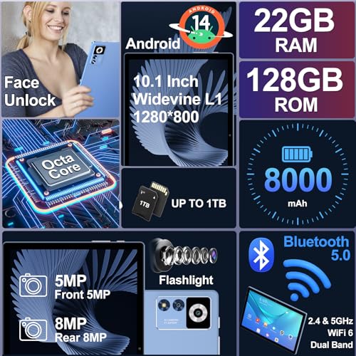 2024 Newest Android 14 Tablet, 22GB RAM, 128GB ROM, 1TB Expansion, Octa-Core 10.1" 8000mAh Tablet with Keyboard and Mouse, IPS HD Display, 5G WiFi, Bluetooth, GPS, Widevine L1, Screen