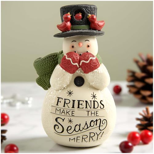 PlentifulHome Snowman Figurine with “Friends Make the Season Merry” Quote – Resin Christmas Snowman Ornament for Indoor Table Decorations, Holiday Home Decor – 10.4cm