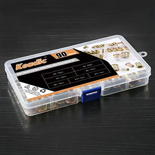 Keadic Nietmuttern, metrisch, verzinkt, Karbonstahl, Flachkopf, Gewindeeinsatz, Muttern-Sortiment, Größen: M3, M4, M5, M6, M8, M10, M12, 90 Stück