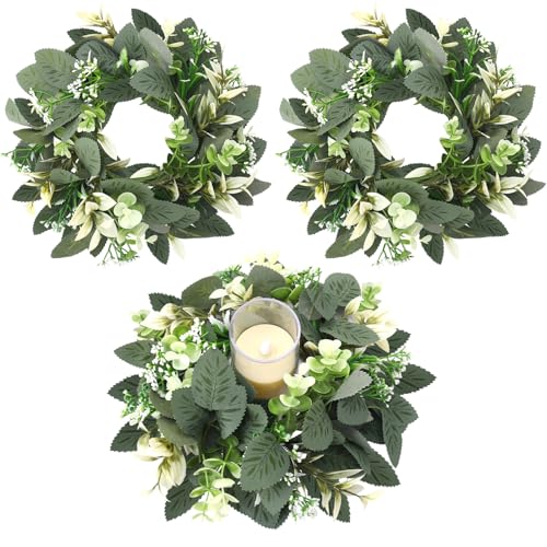 Ovveroche 3 Pcs Artificial Eucalyptus Leaves Wreaths Greenery Garland Candle Rings Wreaths Farmhouse Boho Wreath Pillar Holder for Wedding Party Home Table Door