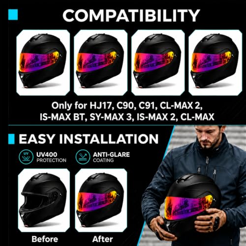 Image of PSLER Shatterproof Helmet Visor for HJ17,C90,C91,CL-MAX 3,Blue Purplish Red | Impact-Resistant ,UV400 Protection, Motorcycle Tinted Face Shield for HJ17,C90,C91,CL-MAX 2, IS-MAX BT, SY-MAX 3, IS-MAX 2