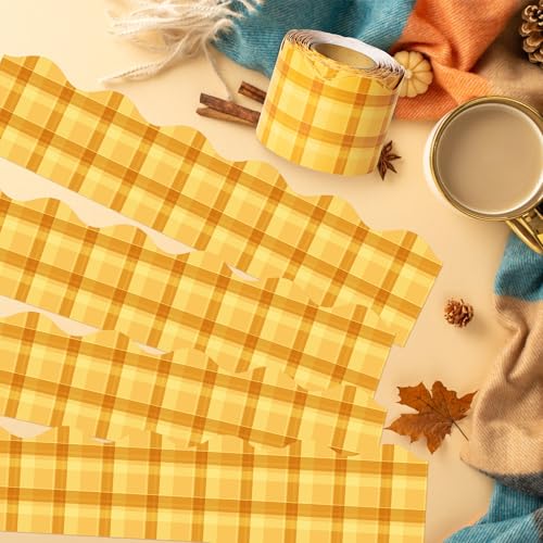 Image of BeYumi Yellow Plaid Border Trim - 65ft Back to School Yellow Scalloped Rolled Border Trim Fall Thanksgiving Plaid Bulletin Board Set Harvest Party Decor Classroom Office Chalkboard Door Decoration