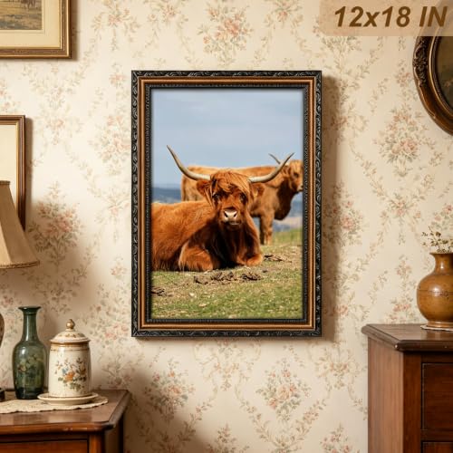 Image of Black 12x18 Frame Wood Vintage 12 x 18 Frames Gold | Real Glass, Easy Photo Changes, Wall Hanging, Ornate Wall Art