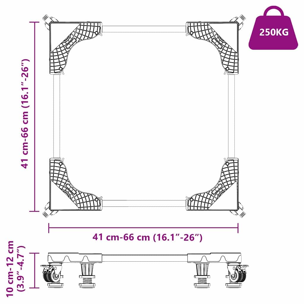 Base para lavadora gris acero inoxidable 66 x 66 x 12 cm extensible con ruedas, soporta hasta 250 kg, estructura y accesorios para lavadora y secadora