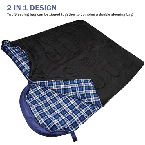 100% Cotton Flannel Sleeping Bag for Adults, Big&Tall Size Backpacking Lightweight Waterproof for Girls Boys Mens Teen for Camping Hiking Outdoor Travel with Compression Bags (59-77℉- Black/Blue) - Image 4