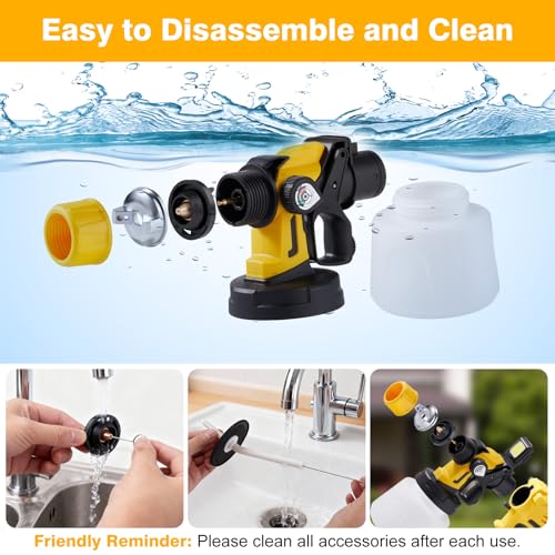 Image of Paint Sprayer, 1000W HVLP Spray Gun for Stain & Furniture, Yellow | 1400ML sprayer with 3 brass nozzles, 3 patterns, adjustable flow, dust blowing head and easy-clean adapter