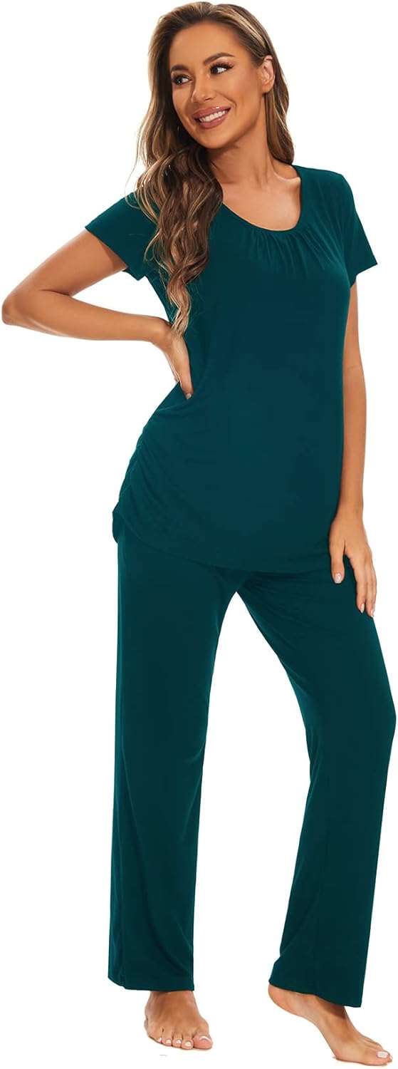 Smallshow Women's Maternity Postpartum Pajamas Ruched Short Sleeve Nursing Pjs - Image 2
