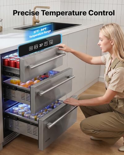 Image of VEVOR 3-Drawer Refrigerator, 24 in Undercounter Beverage Cooler, Large Capacity Drink Fridge, 3 Separate Storage Zones, 304 Stainless Steel Drawers, Fast Cooling, for Kitchen, Game Room & Home Bar