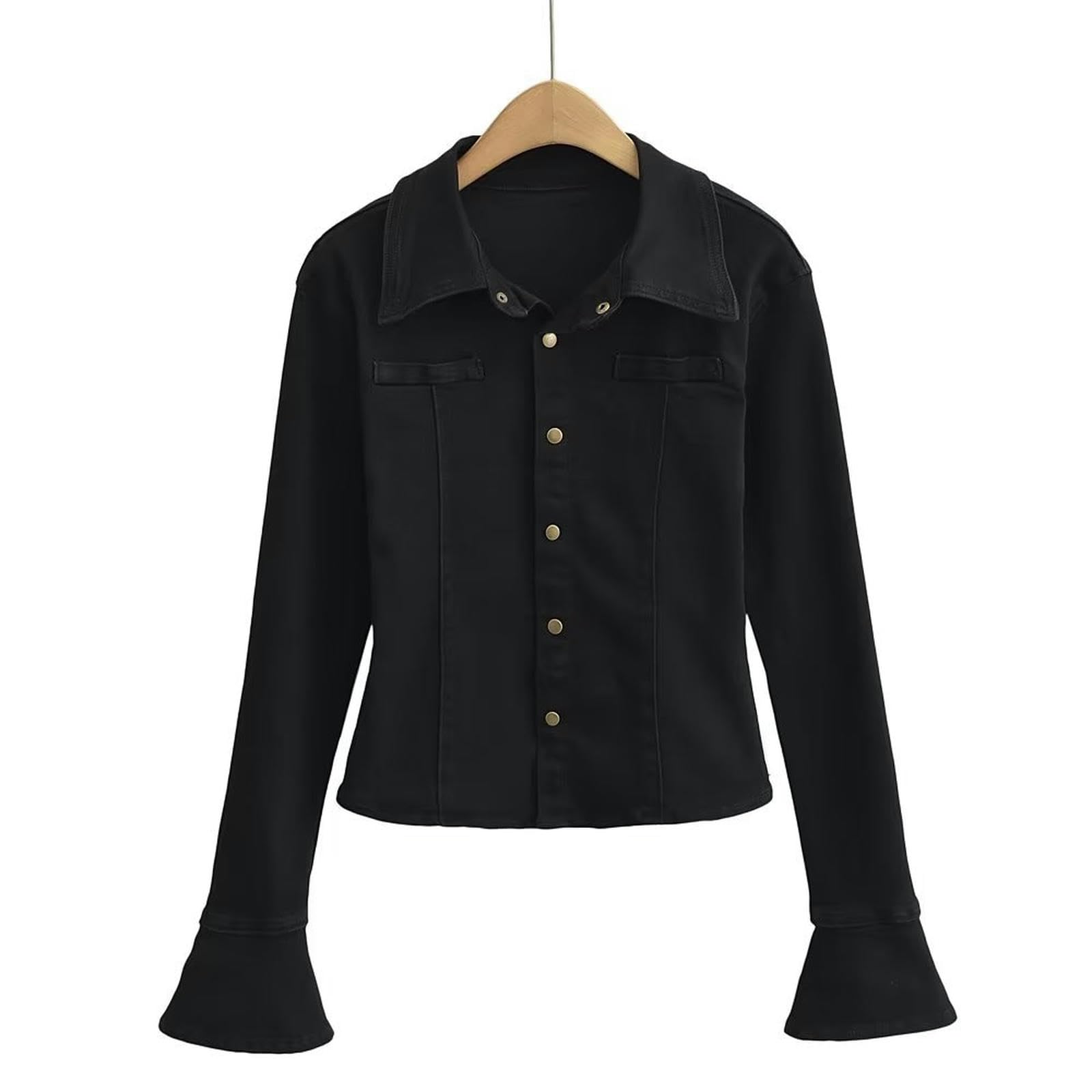 Chemise en jean extensible noire à manches cloche pour femme