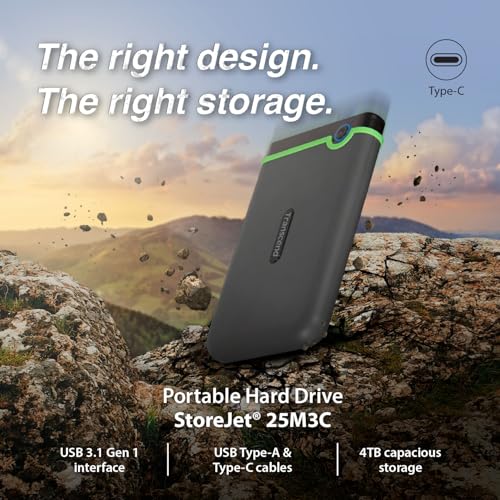 Image of Transcend StoreJet 4TB Rugged External Hard Drive, USB3.1(5Gbps) Type-C Portable HDD, One Touch Auto-Backup Button /Anti-Shock Resistant /Compact&Lightweight&Lightning Fast-Speed, Iron Grey-TS4TSJ25M3C