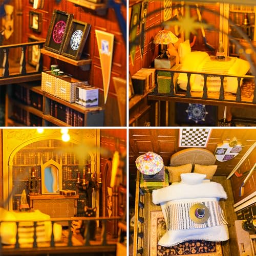 DIY Book Nook Kit, DIY Dollhouse Booknook Bookshelf Insert Decor Alley, Bookends Model Build-Creativity Kit with Music Box & LED for Teens and Adults Birthday Magic Booknook