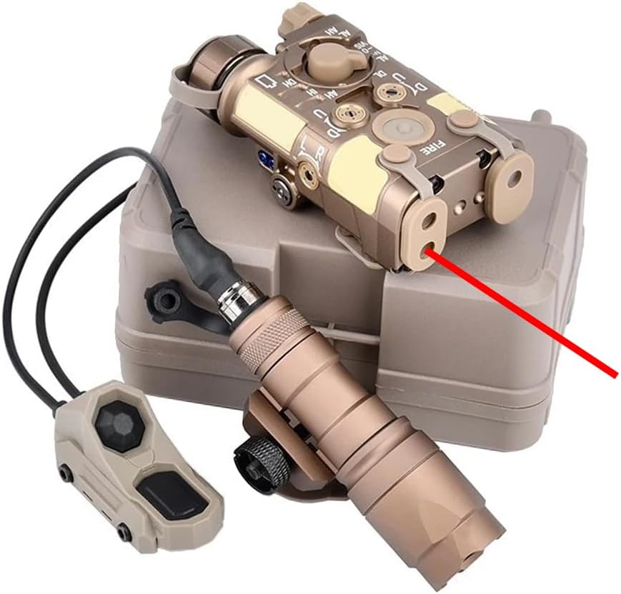 Metal NAGL Aiming Red/Green/Blue Laser Sight IR Indicator + M300A/M600C Flashlight White LED Scout Torch Lights + Dual Wire Remote Pressure Button Switch Combo，Fit for 20mm Picatinny Rail，Tan