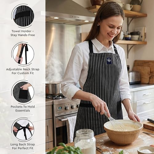 Image of Encasa XO 100% Cotton Apron Set for Women & Men with Adjustable Apron, Oven Gloves & Pot Holder (Pack of 3) Combo, Heat-Resistant, Soft & Durable for Cooking, Baking & Grilling (Butcher Stripes Black)