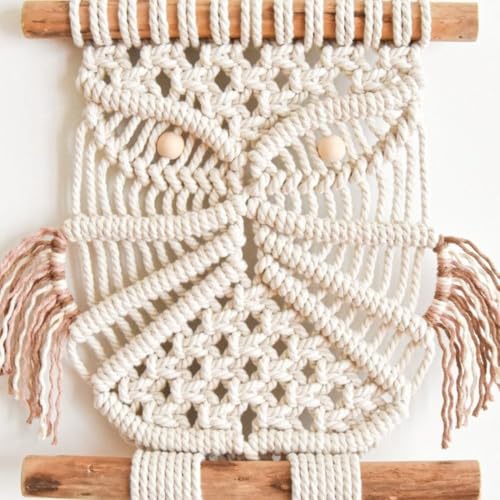 Image of tms Macrame Owl Wall Hanging - Off-White, 10x18 Inch | Handmade Boho Home Decor | Cotton Rope Wall Art | Vintage Owl Design | Living Room, Bedroom & Office Decoration | Housewarming & Gift Item