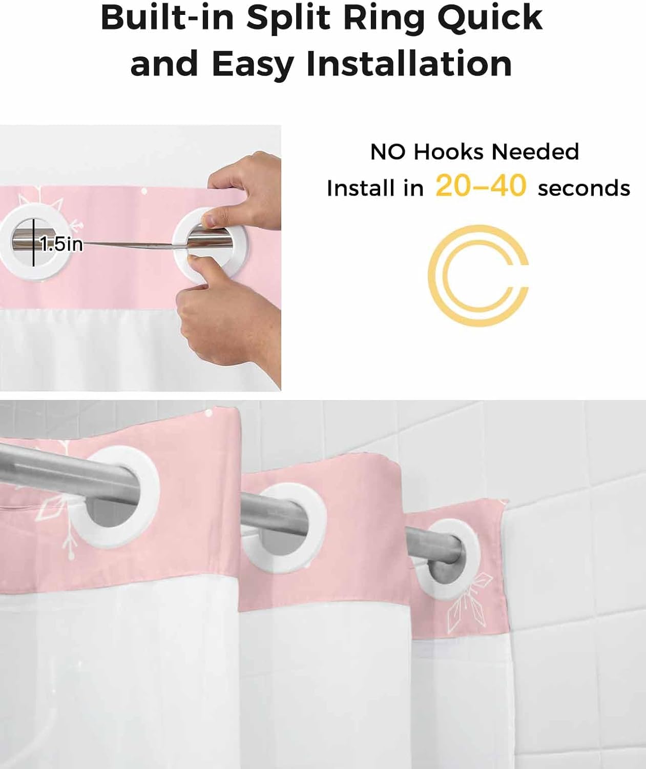No Hook Shower Curtain with Snap in Liner Christmas Winter Snowflakes Pine Tree Simple Pink Shower Curtain for Bathroom, Fabric Waterproof Inner Liner, Hotel Style with Mesh Top Window, 72x72