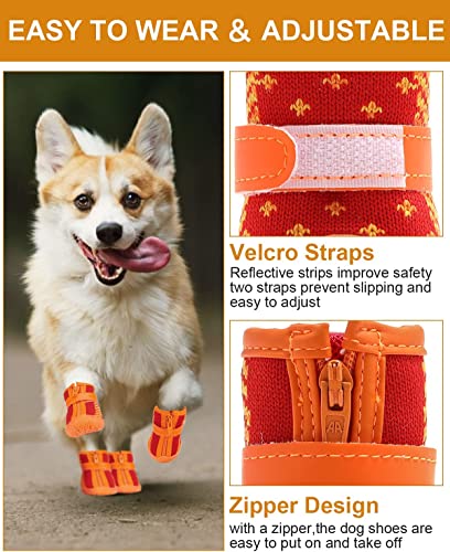 Image of KUTKUT Small Dog Anti-Slip Boots With Reflective Straps - Soft Mesh Breathable Adjustable Puppy Shoes - Paw Protective Booties With Zipper for Small & Medium Dogs - 4Pcs Orange