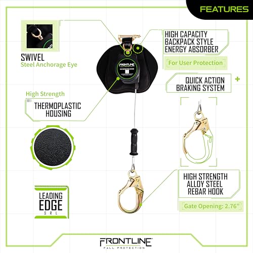 Image of Frontline RPG081RLE 8' Leading Edge Cable SRL with Steel Rebar Hook | Lightweight, Durable | Sharp & Smooth Edge Compatible | Energy Absorber Backpack | 310 lbs Capacity | ANSI & OSHA Compliant