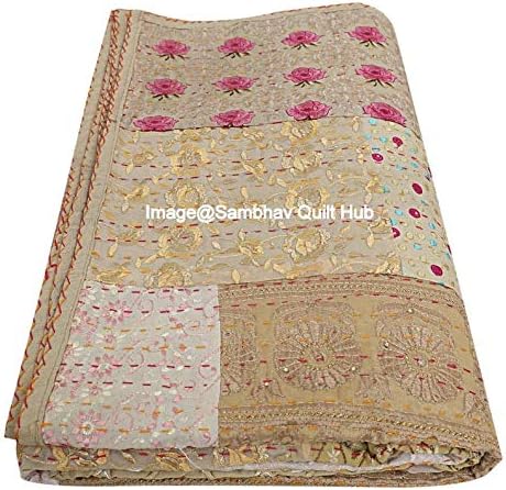 Beige Beautiful Handmade Vintage Silk Sari Jari Patchwork Khambhadiya Kantha Quilting Embroidery Kantha Quilt Reversible Bed Cover Assoted Kantha Quilt Throw Blanket Twin/Queen/King (60X90 inch)