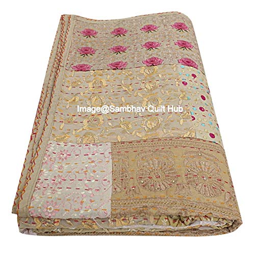 Embrodiery - Hermoso edredón de seda vintage hecho a mano Sari Jari Patchwork Khambhadiya Kantha, funda de cama reversible, manta de edredón Kantha surtidos/Twin/Queen/King (beige, 90 x 108 pulgadas)