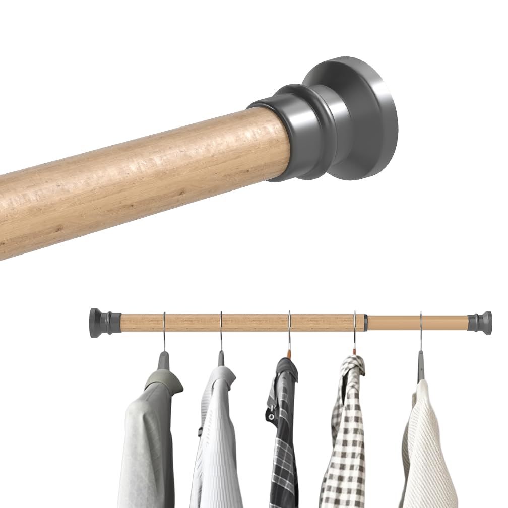 Hershii Extendable Wardrobe Rail 50-76cm, Adjustable Shower Curtain Rod, Clothes Hanging Tension Pole, No Drilling, Telescopic Rods for Kitchen Closet Cupboard Bathroom Window, Light Wood Grain