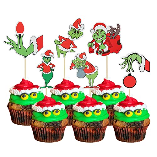 Gyufise 36Pcs Gnch Christmas Cupcake Toppers Merry Christmas Cupcake Toppers Gnch Cake Decorations Merry Grch Xmas Holiday Theme Birthday Party Cake Decorations Supplies
