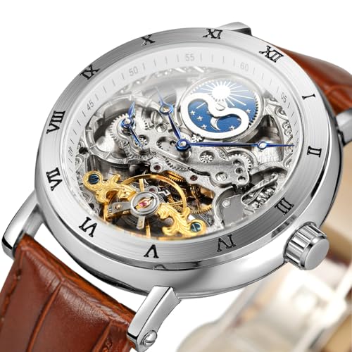 Image of FORSINING Men's Self Winding Automatic Watch Tourbillon Analog Skeleton Movement Moon Phase Wrist Watch with Genuine Leather Strap