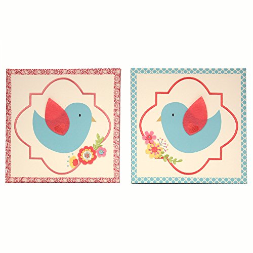Mila Blue and Coral Birds and Flowers Canvas Wall Art - Set of