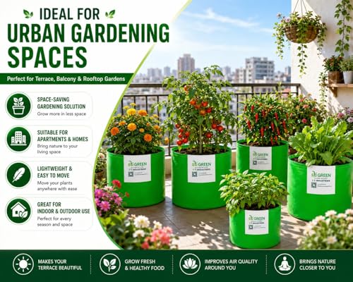 Image of HDPE Grow Bags for Plants 15X15 Inch (Pack of 6) | 260 GSM Heavy Duty UV-Protected Round Green Colour Plant Bags for Terrace and Vegetable Gardening | Strong & Reusable|