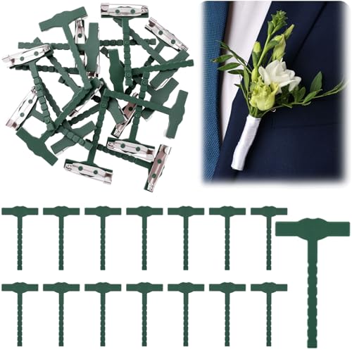 BEIQIYA 15pcs Boutonniere Safety Pins T-Shaped Plastic Corsage Pins Safety Clips for Bride Groom Tiny Boutonniere Brooch Supplies for Wedding Festivals Birthday Parties- Green