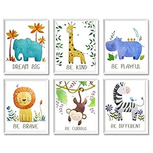 Baby Nursery Decor Jungle Safari Animal Unframed Wall Art -Set of 6 Posters 8×10 – Lion, Giraffe, Elephant, Monkey, Zebra, Hippo