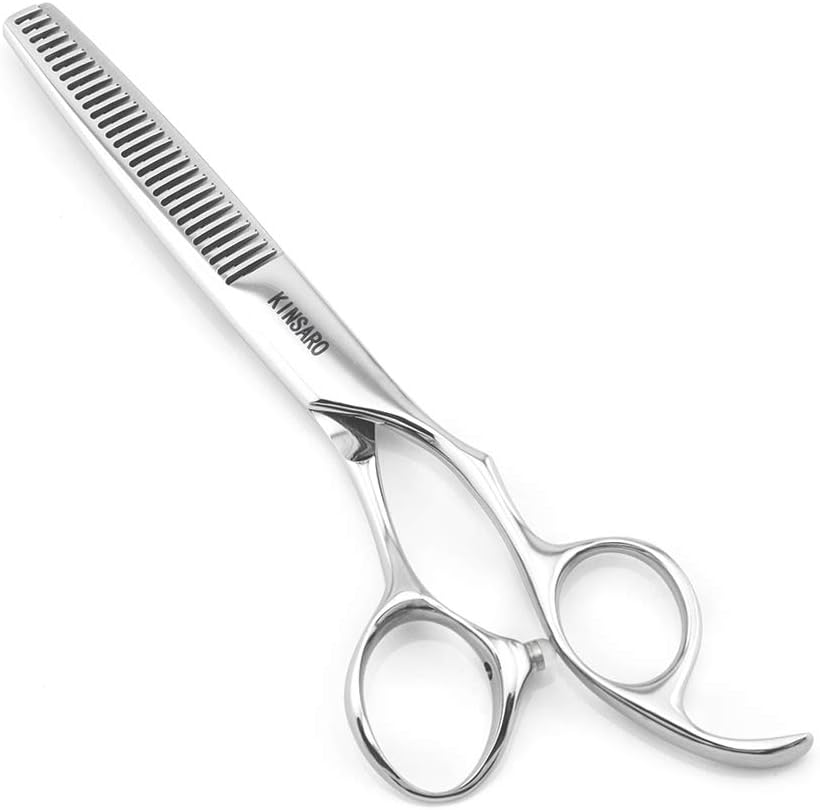 5.5" Hair Thinning Scissors Barber Scissors Professional Sharp Hairdresser Hair Thinning Shears 28 Teeth 440C Silvery Convex Edge Blade Blind Hole KINSARO for Hairdresser Barber or Home Use