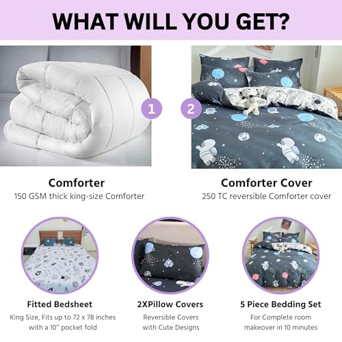 Image of Famyo King Size Bedsheet Set with 2 Pillow Covers, 250 TC Fitted Kids Bedsheet, Comforter & Comforter Cover (5pc Set) - Home Decor, 72x78 inches, Astronaut in Space Design - Grey, White