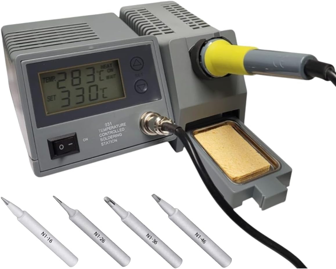 Stazione Saldante Elettrica Professionale AN-931+ Kit 4 Punte Assortite con Display Digitale Temperatura Regolabile 150-450°C Spugna 48W 220-240V di Saldatura Dissaldante Alta Qualità ANFEL
