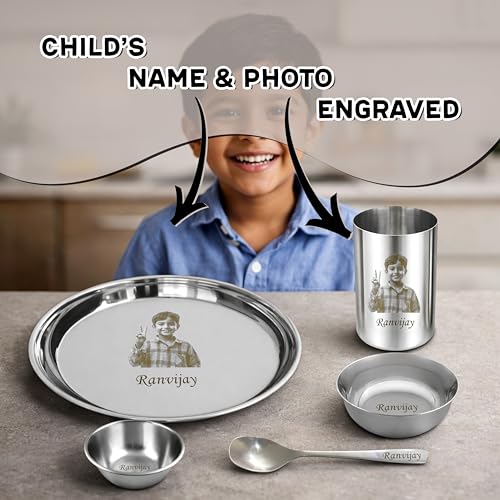 Image of SAVRI Personalized Stainless Steel Dinner Set for Kids - Custom Laser Photo Printed Plate, Bowl, Glass & Spoon with Name & Cartoon Design | 5-Piece Kids Meal Set | Birthday, Return & Daily Gift