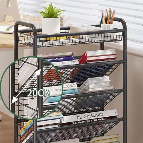 6-Tier Rolling Book Cart - Metal Utility Trolley with Easy Assembly, Mobile Storage on Wheels, Compact Display Shelf for Home & Office - Versatile Organizer