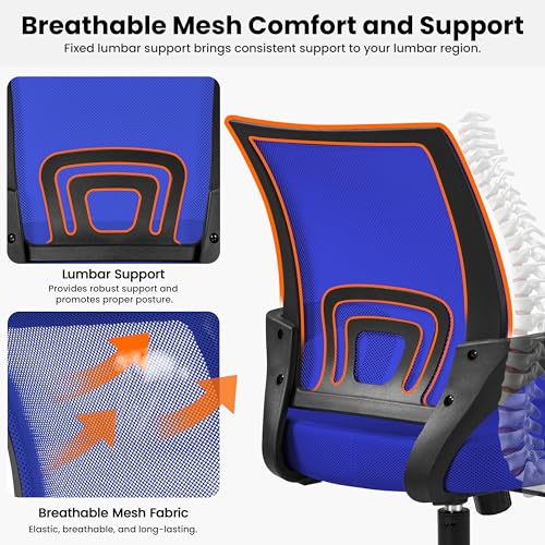 Image of Yaheetech Mid-Back Mesh Office Chair Adjustable Ergonomic Computer Task Chair Swivel Rolling with Lumbar Support Armrest for Home Office Work Study, Blue