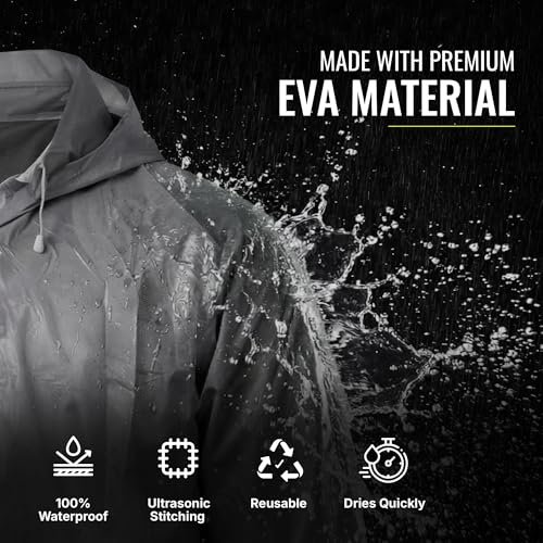 Image of Robustt EVA Reusable Raincoat with Hood (Dark Grey) - Pack of 1 | Elasticated Full Sleeves Outdoor Waterproof Raincoat for Men & Women | Rainwear | Button Closure | Knee Length | Universal Fit