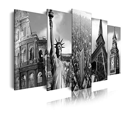 DekoArte 106 - Cuadros Modernos Impresión de Imagen Artística Digitalizada | Lienzo Decorativo para Tu Salón o Dormitorio | Estilo Ciudades Nueva York Roma Paris Londres| 5 Piezas 150 x 80 cm