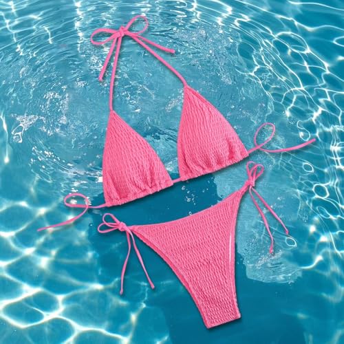 Bikini triangle en polyester avec cordon ajustable rose taille M - 7