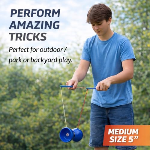 Flight Pro Diabolo Chinese Yoyo Skill Toy Triple Bearing Toy, with Carbon Fiber Sticks, Extra String & Net Bag - Medium Size 5” Blue