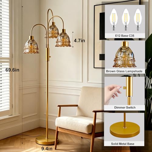 Image of 3-Light Glass Floor Lamp with Amber Ribbed Glass Shades, 70 inch Gold Dimmable Tall Standing Lamp with 3PCS 3000K Warm White Bulbs, Modern Tree Pole Lamp for Living Room Bedroom Home Office Corner Decor