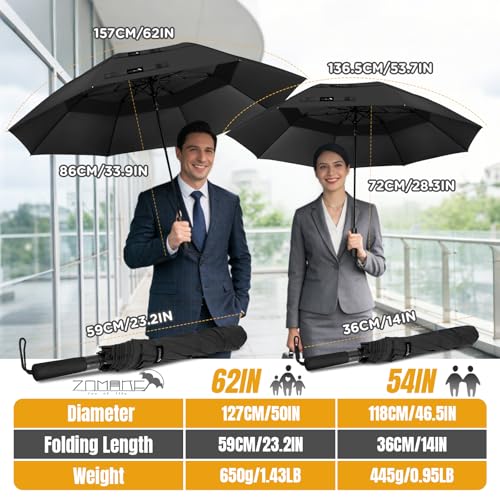 ZOMAKE Large Compact Golf Umbrella Windproof 54 Inch, Portable Golf Umbrellas Double Canopy Vented Automatic Open Collapsible Travel Umbrella for Men Women(Black-Double Canopy) — view 2